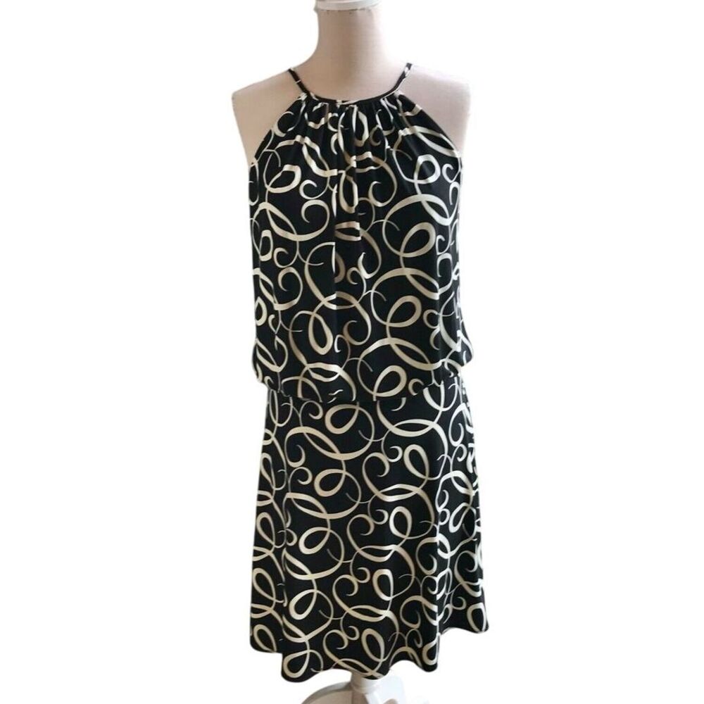 Dressbarn Halter Dress Black White Swirl Pattern Stretch Waist in Size 8